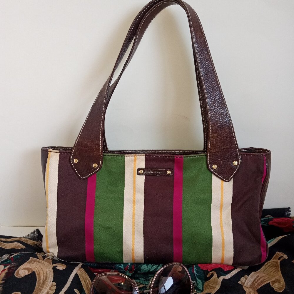 Y2K KATE SPADE New York Made in Italy Striped Fabric Baguette Leather Trim